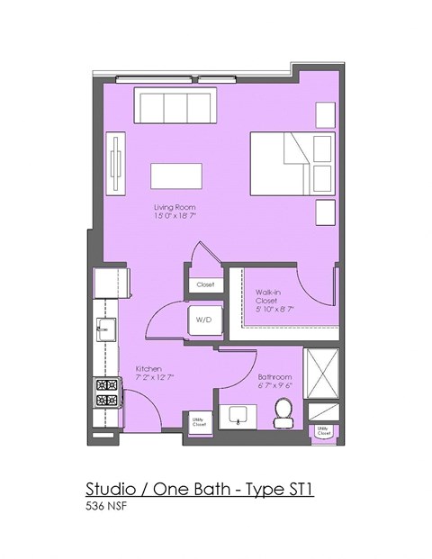 Floor plan for studio, 1 bath, 562 sqft